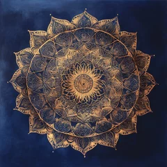 Fototapete Rund Ornate gold mandala on dark blue background. © kasmaran