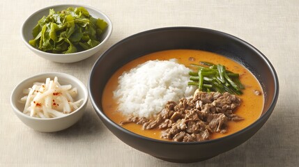 Delicious Beef Curry Rice Bowl with Side Dishes