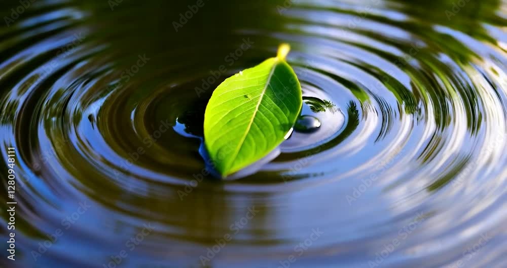 Leinwandbilder leaf on water surface with ripples, a close-up shot of a single green leaf floating on the water, fo