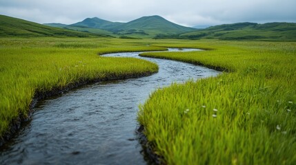 Obraz premium Serpentine stream meanders through lush green valley, hills in background, tranquil nature scene, ideal for travel brochures