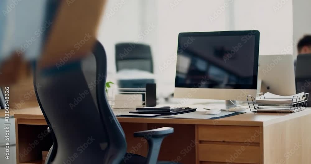 Aufkleber Interior Office Scene with Desk Computer and Chair in a Modern Workplace with Blurred Background
