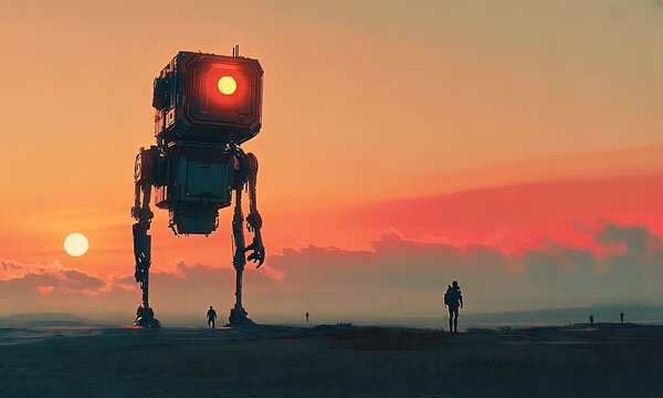 Giant robot sunset desert; human observes