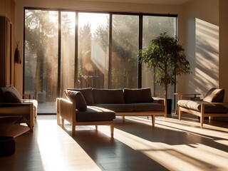 "Modern Minimalist Living Room - Sunlit Interior Design with Cozy Furniture"