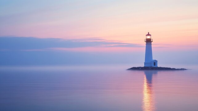 Serene lighthouse at sunset with calm ocean and reflected light