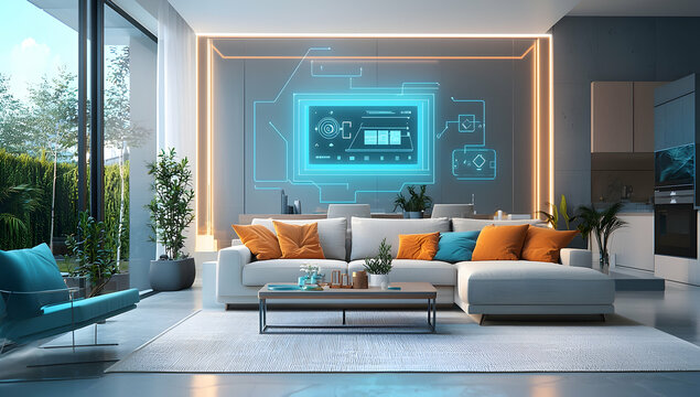 A high-tech AI system designing personalized living room layouts for homes. - Powered by Adobe