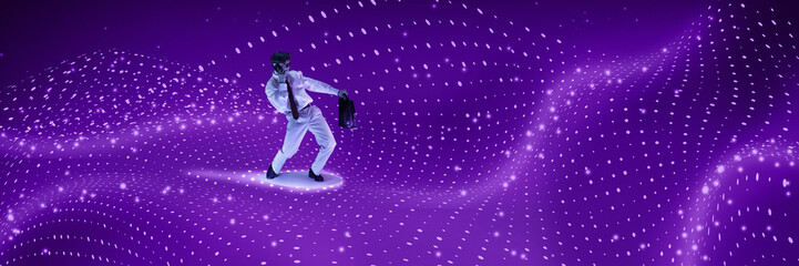 Man holding briefcase while gliding on blue wave, illustrating digital entrepreneurship, programming adaptability, hi-tech innovation, business transformation. Concept of digital art, technology