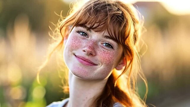 Freckled redhead girl smiling outdoors in sunlight.
