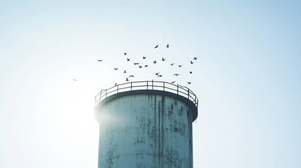 Flock of birds flying over industrial water tower against clear sky