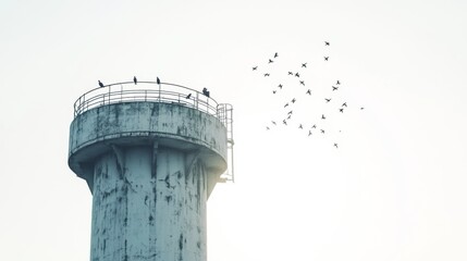 Birds perched on tall water tower against clear sky with flying flock