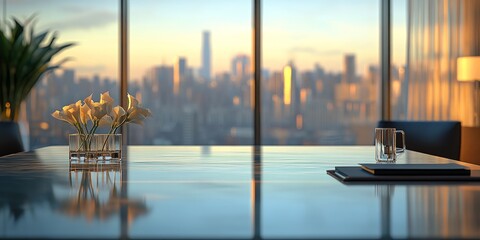Plakat Empty meeting room overlooking city skyline at sunset with flowers and notebook