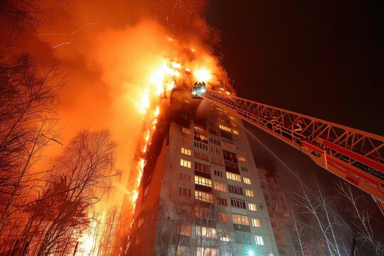 A fire is burning a tall building