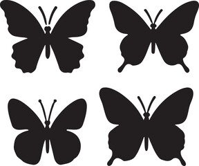 Simple flat silhouette butterflies illustration.
Black butterflies collection. Silhouettes, vector isolated on white background.