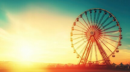 Ferris wheel turning under a bright sunset, vibrant carnival colors, green screen setting
