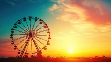 Ferris wheel turning under a bright sunset, vibrant carnival colors, green screen setting