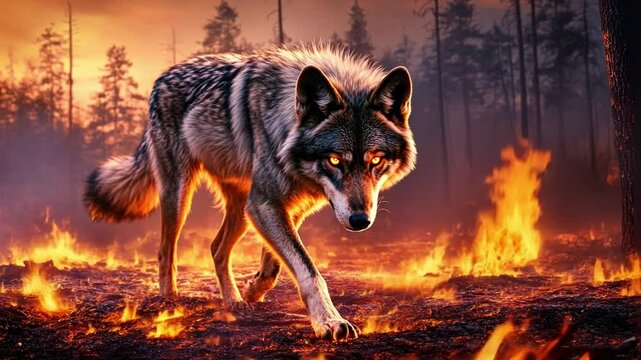 The Lone Wolf in Fire: A majestic wolf walks with determination through a fiery landscape with intense eyes, a powerful representation of resilience and survival.