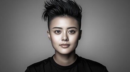 Portrait of a young Asian woman with a short, stylish haircut against a gray backdrop. Her expression is serious and direct, and the overall mood is sophisticated.