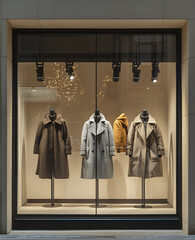 Fashion display of stylish coats in urban storefront retail environment nighttime viewpoint consumer appeal