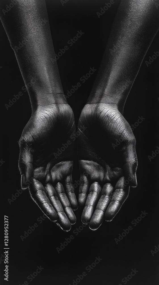 Poster In a mesmerizing display, two hands reach outward, palms open against a stark, dark background, symbolizing both vulnerability and a yearning for connection