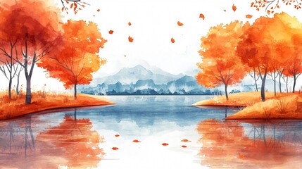 Autumnal Landscape Watercolor Painting High Resolution Stock Photo