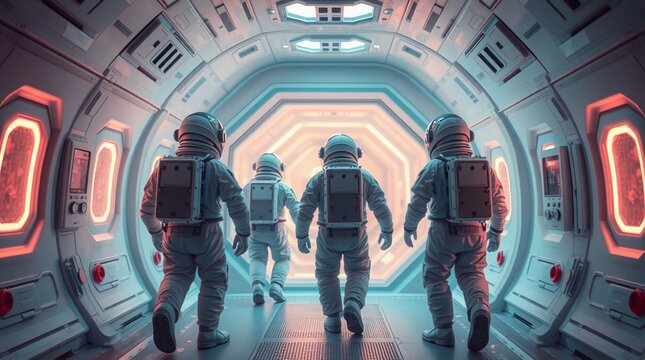 Astronauts walking inside futuristic spaceship with soft lighting and sci-fi atmosphere