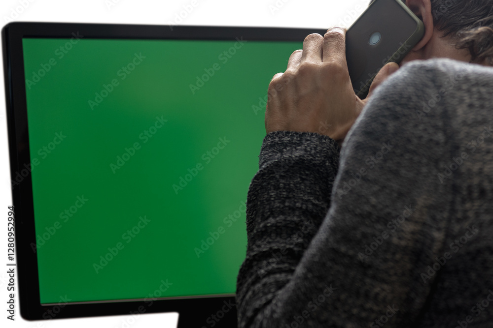 Poster Man having problem with internet connection and calling to customer support for help. Man gesturing at chroma key computer screen, close-up, isolated background