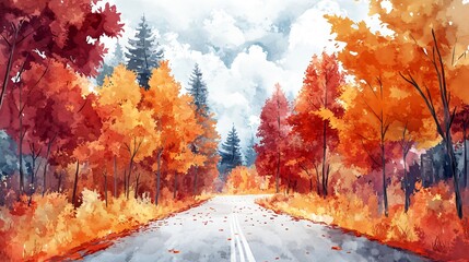 Autumnal Woodland Road Watercolor Painting Illustration