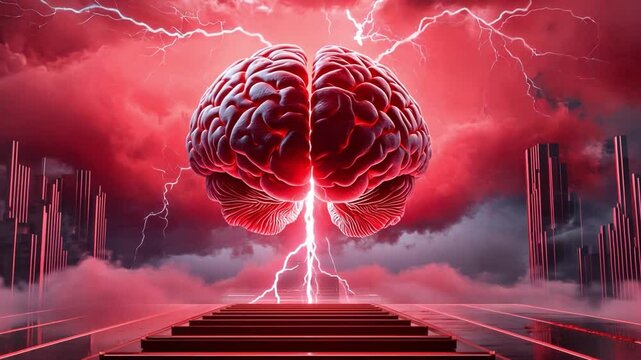 Brainstorm of a Mind:  A conceptual, highly stylized image featuring a human brain illuminated by a dramatic display of lightning and an ominous red sky, symbolizing the power of thought. 