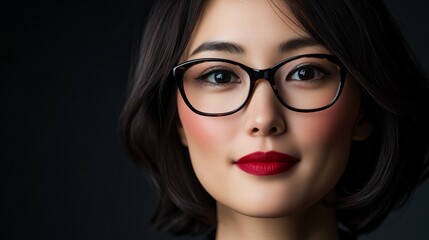 Fototapeta premium Close-up portrait of a young Asian woman with dark hair, wearing glasses and red lipstick. Sophisticated and chic.