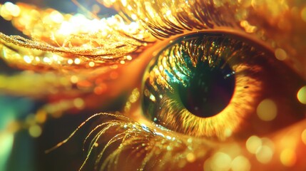 Up close image of human eye surrounded by glowing golden hues, creating an abstract, surreal visual effect.