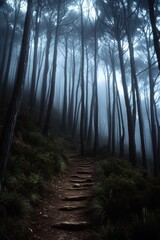 Obraz premium A narrow, misty path through a dense forest with tall, slender trees and moss-covered rocks. The damp ground gives off an eerie ambiance.