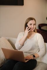 Happy woman trading on crypto currency market, talking on phone. Selling ether, bitcoin or altcoin. Financial stock analysis, trading market research, buying, selling, risk or profit analysis.