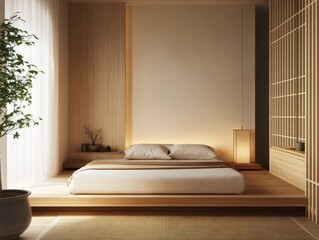 Japanese inspired bedroom with wood based design elements