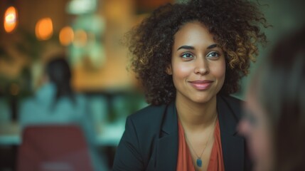 Obraz premium A woman with curly hair sits at a table, smiling during a conversation in a lively cafe filled with warm lighting