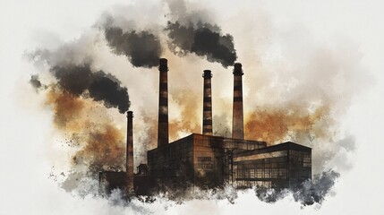 Watercolor Painting of an Old Derelict Industrial Factory