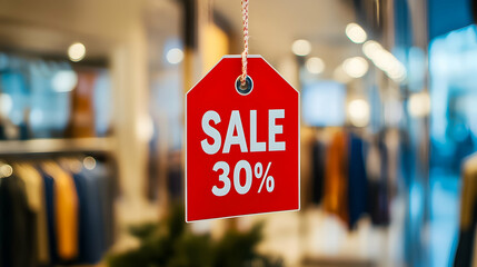 Discount sign hanging in a store promoting a 30 percent off sale during shopping season