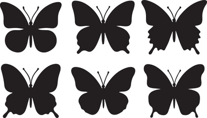 Simple flat silhouette butterflies illustration.
Black butterflies collection. Silhouettes, vector isolated on white background.