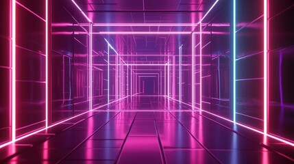 Obraz premium Abstract background featuring a dynamic neon grid with glowing lines and vibrant colors, creating a futuristic and high-energy design. Perfect for banners, presentations, gaming, tech themes