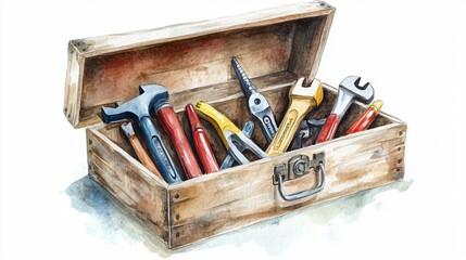Empty Wooden Toolbox with Nails, Hammer and Saw PNG Image