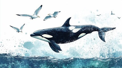Leaping Orca Whale Watercolor Painting Illustration
