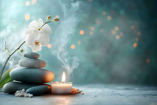 Peaceful arrangement of stones, candle, and orchid creates a calming atmosphere in a serene setting