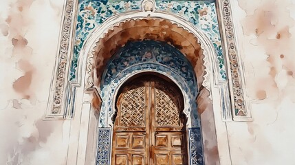 Ornate Archway and Wooden Door Watercolor Painting
