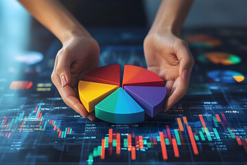 Colorful pie chart held over digital financial data in a modern workspace