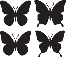 Simple flat silhouette butterflies illustration.
Black butterflies collection. Silhouettes, vector isolated on white background.