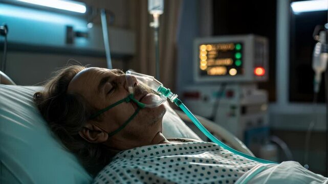 Man in Oxygen Mask Lying in Hospital Bed in a Coma or Deep Sleep, Severe Injury and Life Support