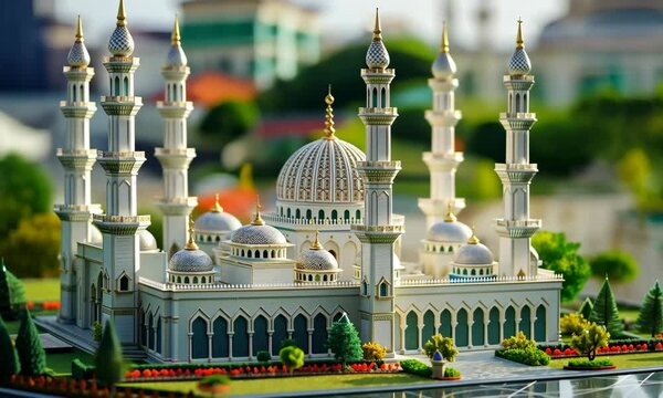 Detailed miniature model of grand mosque with domes and minarets in lush green garden setting