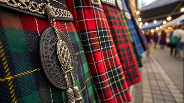 Row of Checkered Fabric for Scottish Kilts Moving Along Lines at a National Celebration
