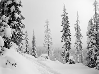 Wooded area covered in snow. Evergreen trees in winter. Mountain landscape with blanket of snow.