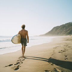 muscular man at the beach with surfing board