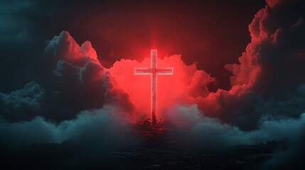 Fototapeta premium Glowing cross with red aura among dramatic clouds at night