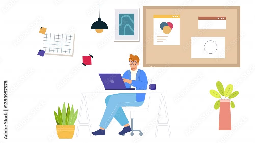 Wall mural vector character design scene animation showing a graphic designer at work, sketching, using design 